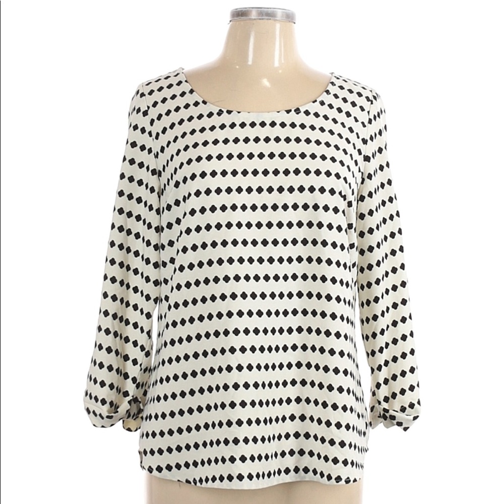 Brixon Ivy Black and White Rolled Cuff Sleeve Blouse  Quatrefoil Print Top Shirt